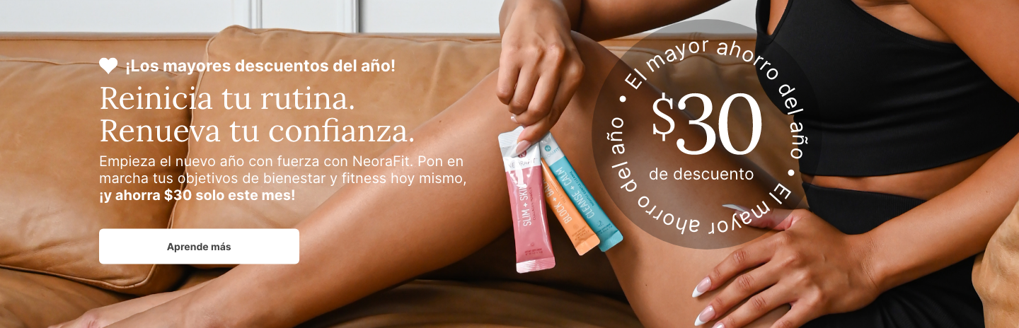 A seated woman holding NeoraFit sachets. Accompanying text mentions Neora’s biggest savings of the year with $30 off NeoraFit.